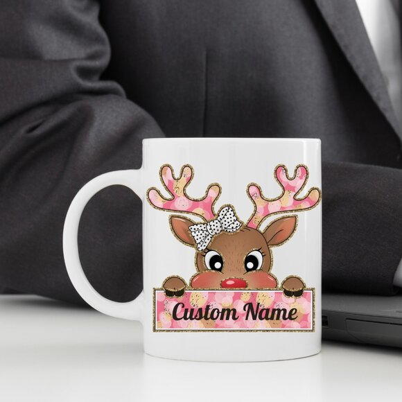 🎀 Personalized Glitter Pink Christmas Reindeer Mug - Custom Name for Kids, Girl - Picture 4 of 4